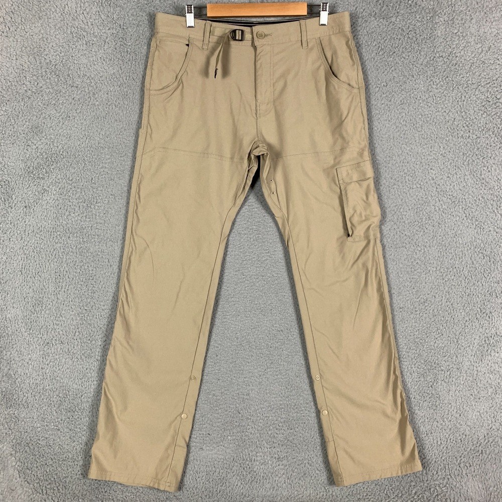 Prana Zion Pants II Men's 34x32 Khaki Stretch‎ Roll Up Hem Belted Hiking Relaxed